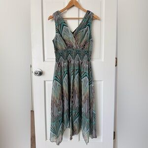 Dressbarn Retro Print Flutter Hem Midi Dress  Teal Green Brown Whimsical Size 10